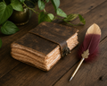 Vintage-style leather-bound book  with deckled edge paper with a feather quill that's a ball point pen on a wooden surface